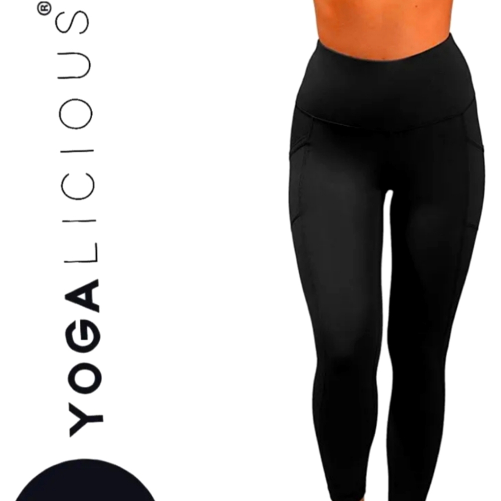 YOGALICIOUS "LUX" HIGH WAIST 7/8 ANKLE LEGGING  SIDE POCKETS. Black SZ XS